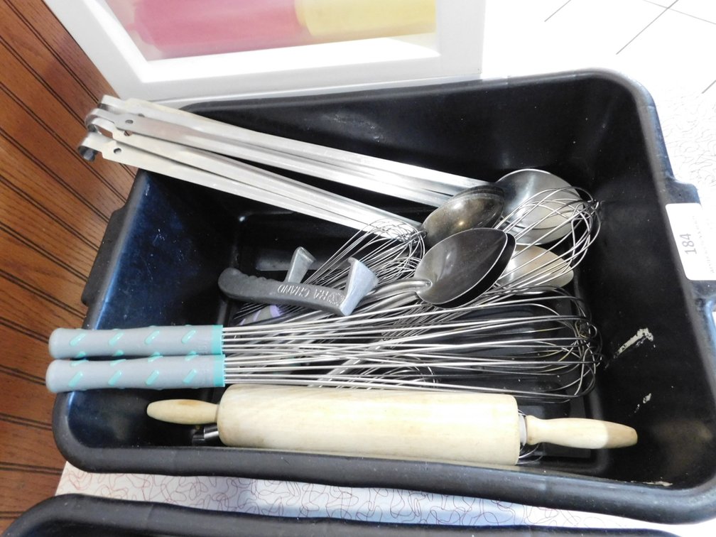 Bus Tub of Serving Spoons, Whisks, Rolling Pin