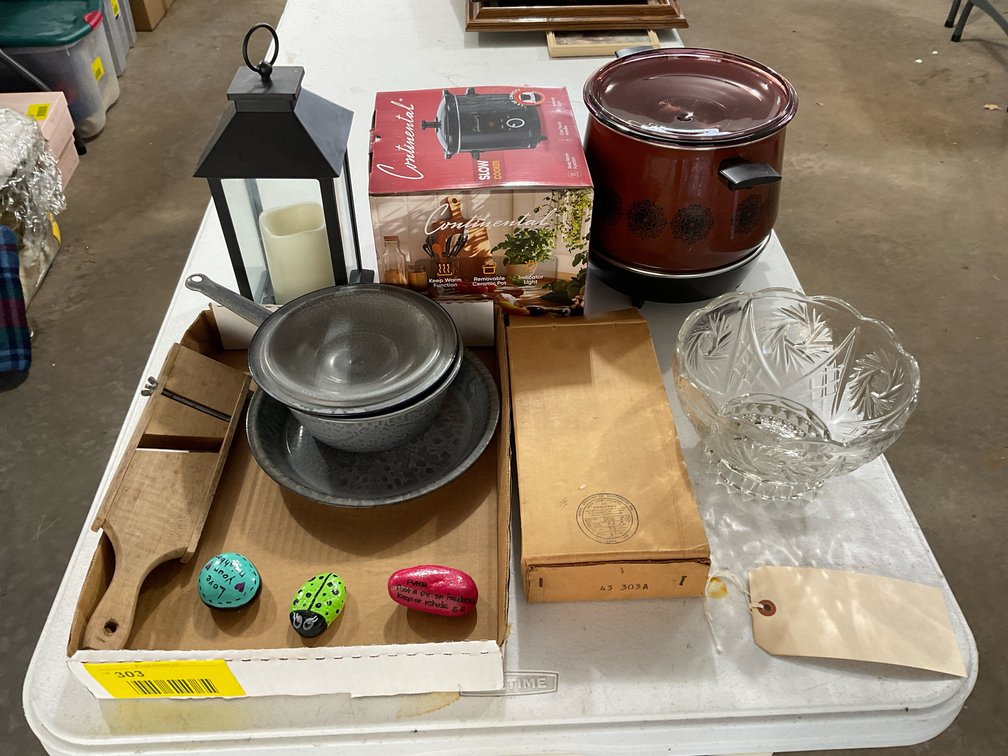 Enamelware, painted rocks, small appliances, lantern