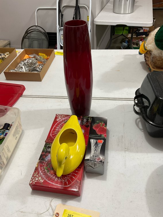 Ceramic duck/ruby red vase/miscellaneous glass