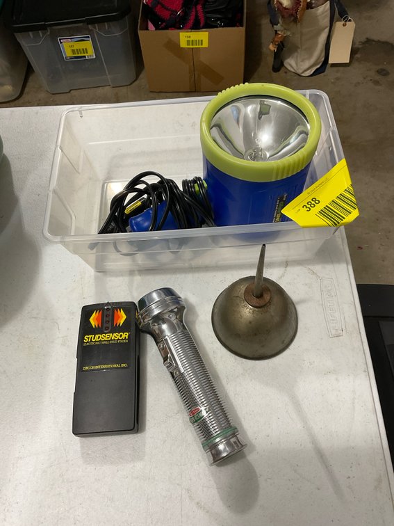Spotlight, stud sensor, flashlight, oil can