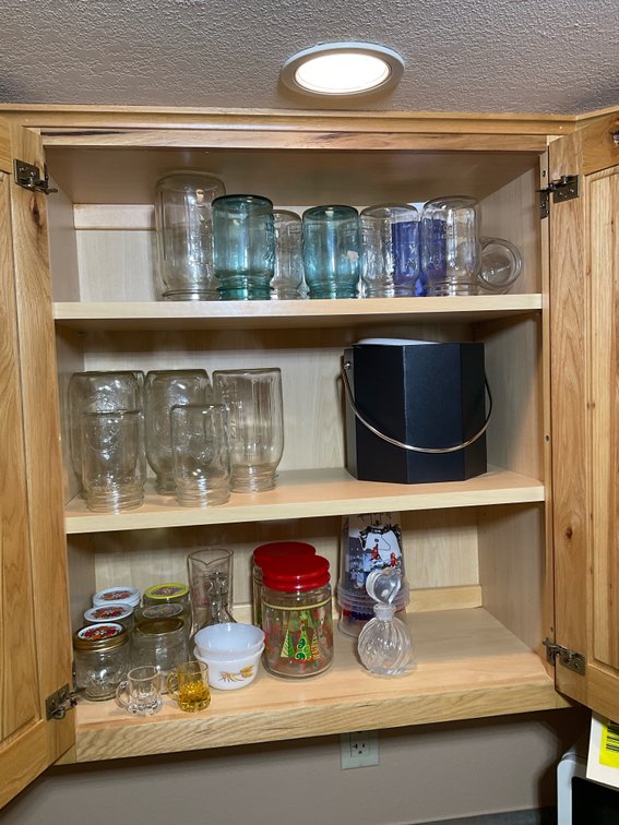 Blue and other jars, ice bucket, and more