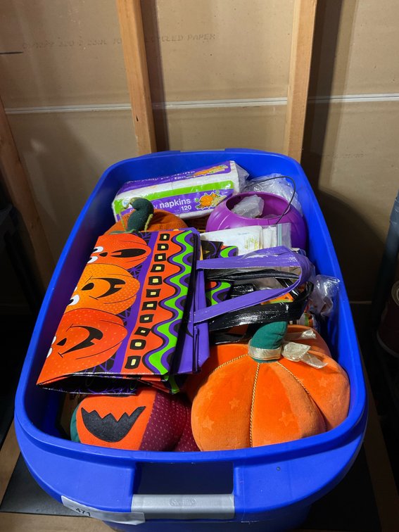 Large tote of Halloween decorations