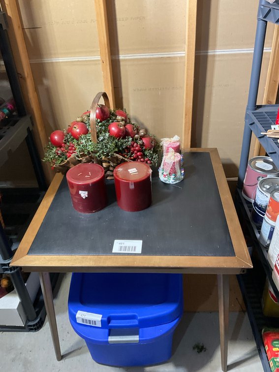 Card table, candles, apple basket