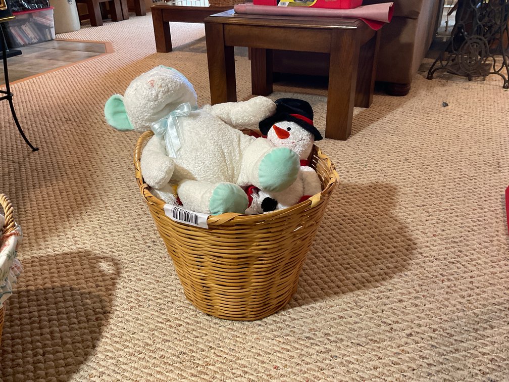 Basket and stuffed animals