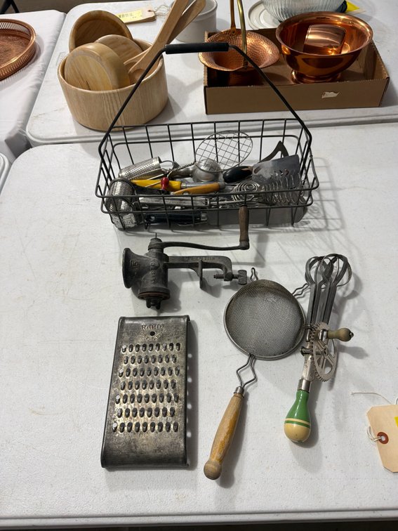 Vintage kitchen utensils and basket