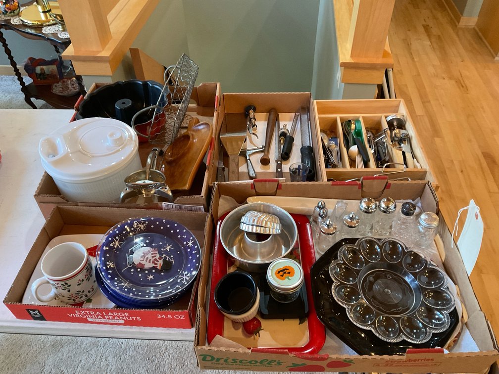 Miscellaneous Christmas dishes, egg plate, utensils, and more