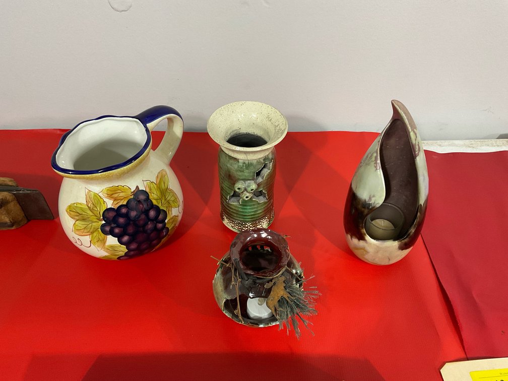 Candleholders/lanterns and grape pitcher