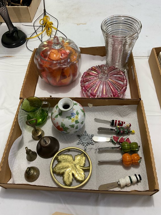 Bells, crackle glass, candy dish, cheese spreaders