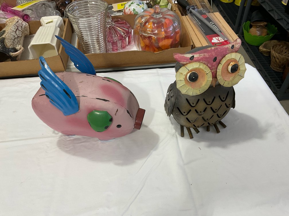 Flying pig and owl garden art