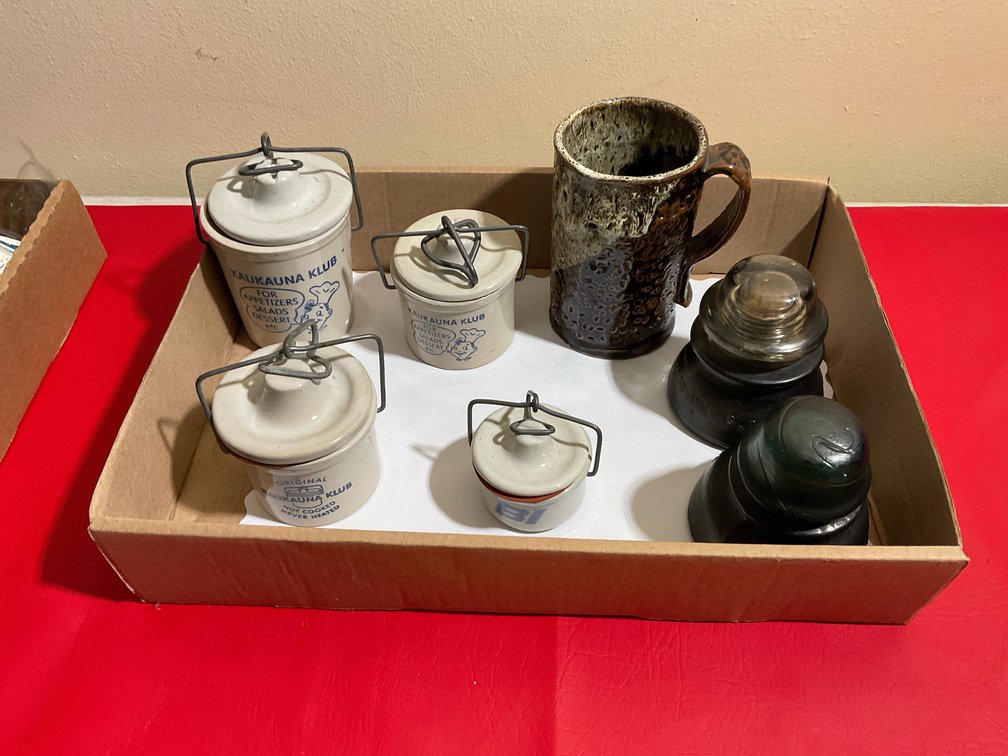 Miscellaneous mini crock, insulators, mug