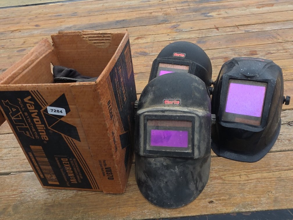 (3) WELDING HELMETS, GLOVES & TRAILER LIGHTING