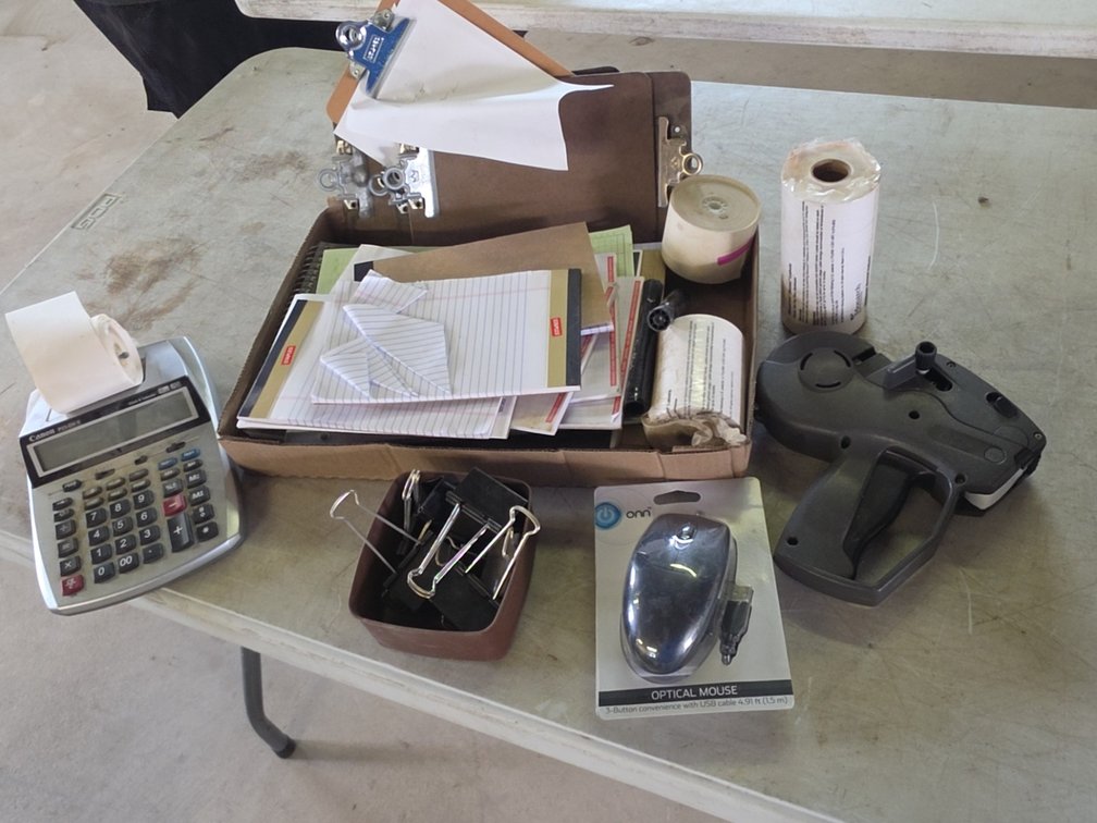 FLAT OF OFFICE SUPPLIES, CALCULATOR, ETC