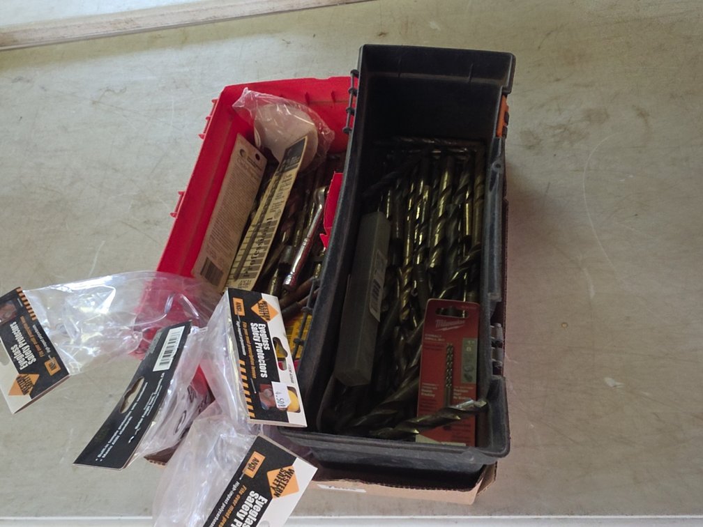 FLAT OF DRILL BITS, SAFETY GOOGLES, ETC