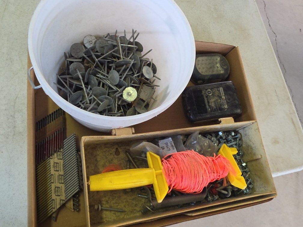 ASSORTED NAILS, SCREWS, BATTERY STRUNG LINE, ETC