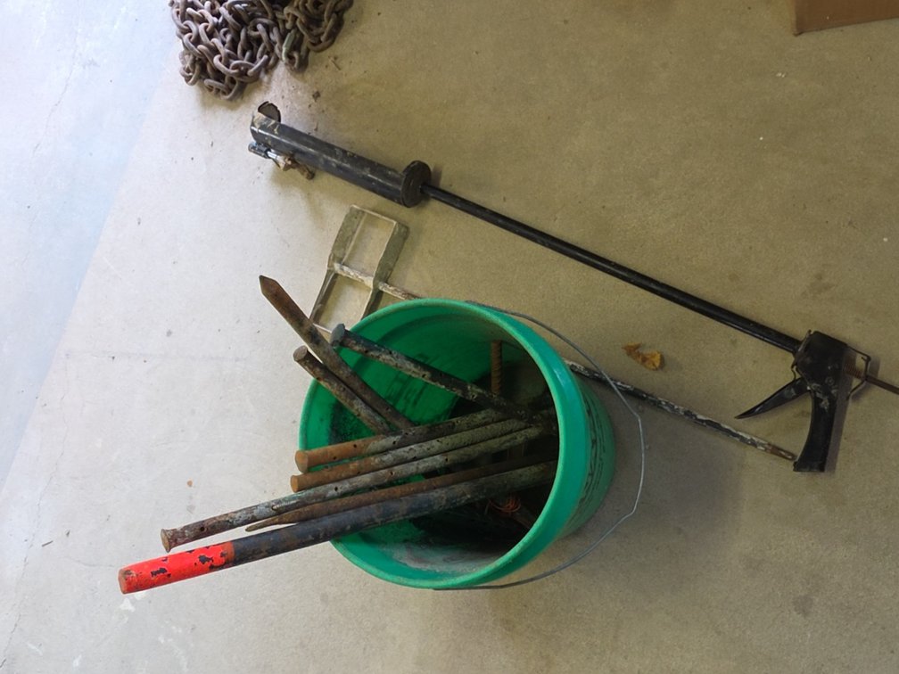 CONCRETE STAKES, CAULK GUN, ETC
