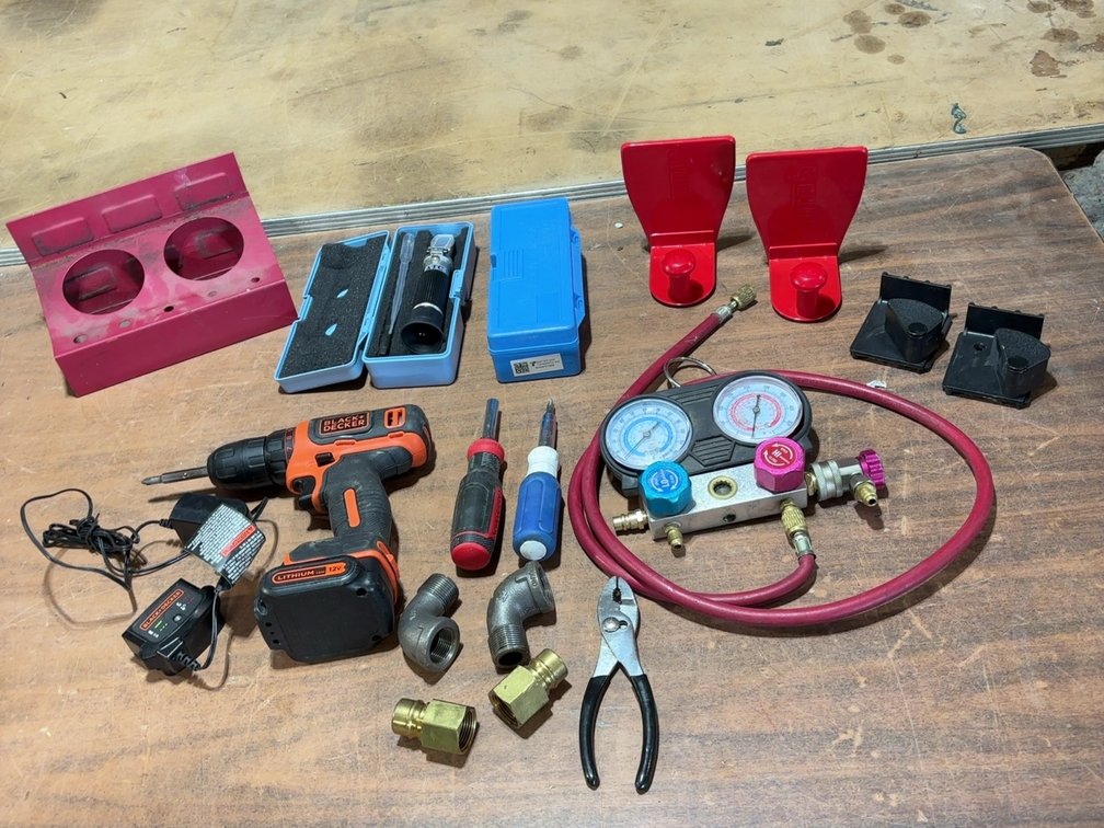REFRIGERATION MANIFOLD W/ ASSORTED TOOLS, ETC.