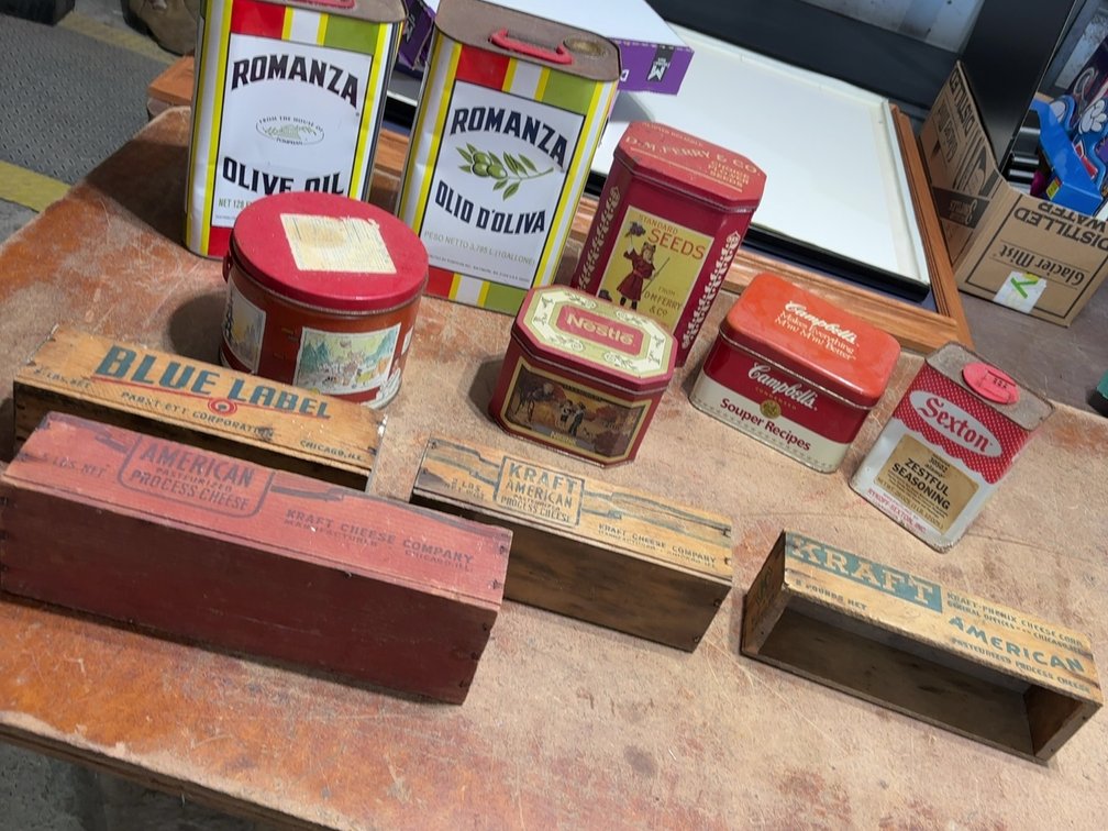 OLD WOODEN BOXES W/ TINS