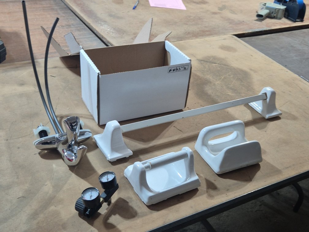 TOWEL BAR, SOAP DISH, USED FAUCET, ETC