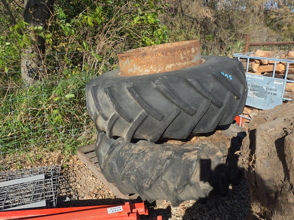 PAIR OF 18.4-30 TIRES ON CLAMP ON DUAL RIMS W/ HARDWARE