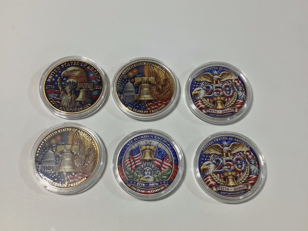 QTY-6 USA 250TH ANNIVERSARY COLORIZED METAL TOKENS