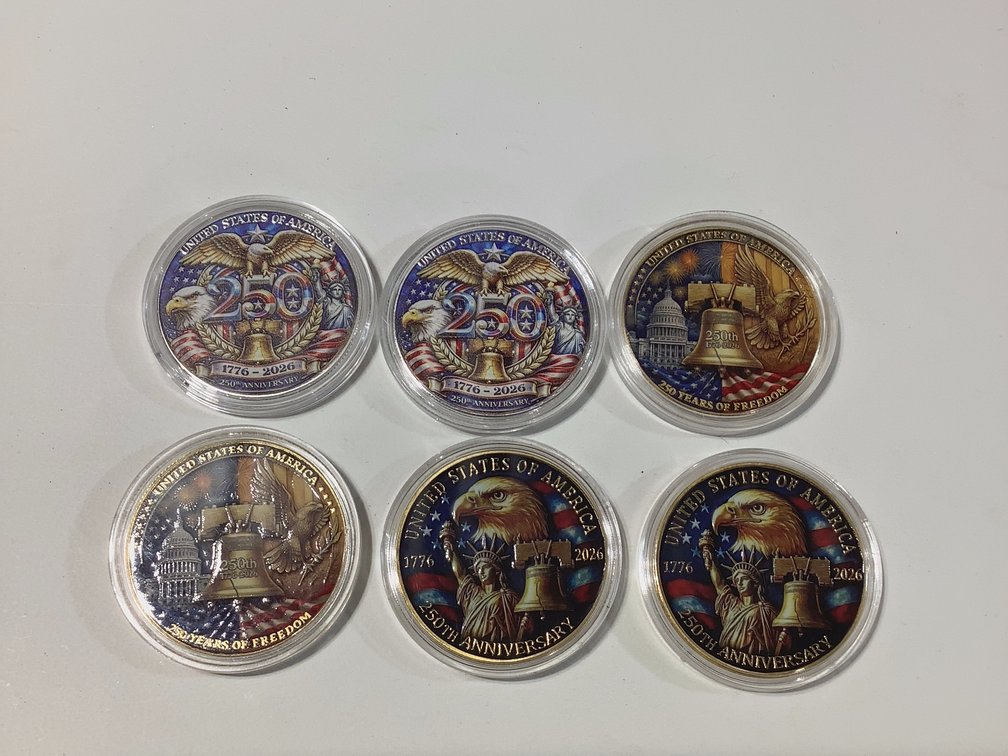 QTY-6 USA 250TH ANNIVERSARY COLORIZED METAL TOKENS
