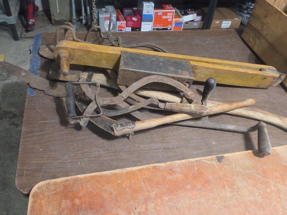 ICE TONGS, HAND SEEDER HAND SCYTHES