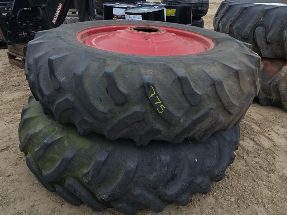 PAIR 18.4-38 REAR TIRES ON 9 BOLT RIMS