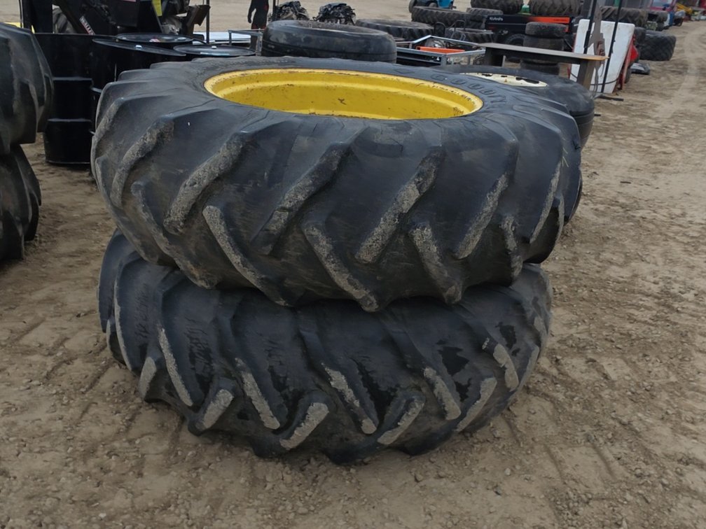 PAIR 20.8-38 REAR TIRES ON RIMS OFF JOHN DEERE 4440
