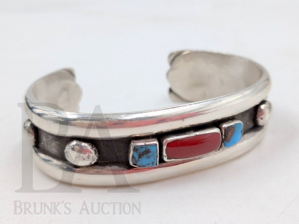 STERLING & TURQUOISE & CORAL CUFF, SIGNED