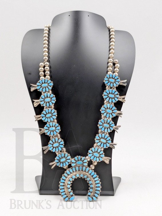 J.M. BEGAY STERLING & TURQUOISE SQUASH BLOSSOM