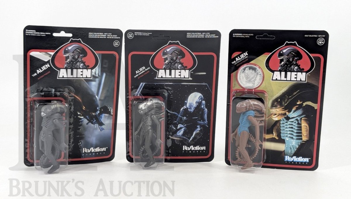 (3) Super7 ReAction ALIEN Action Figures Assortment with Metallic, Gray, and Collector Coin