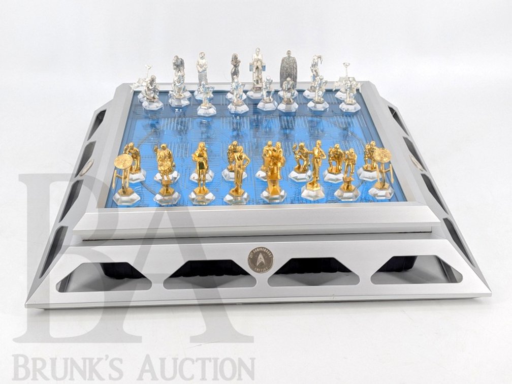 1985 Star Trek Franklin Mint 3D Chess Set with Gold and Silver Plated Pieces and Case