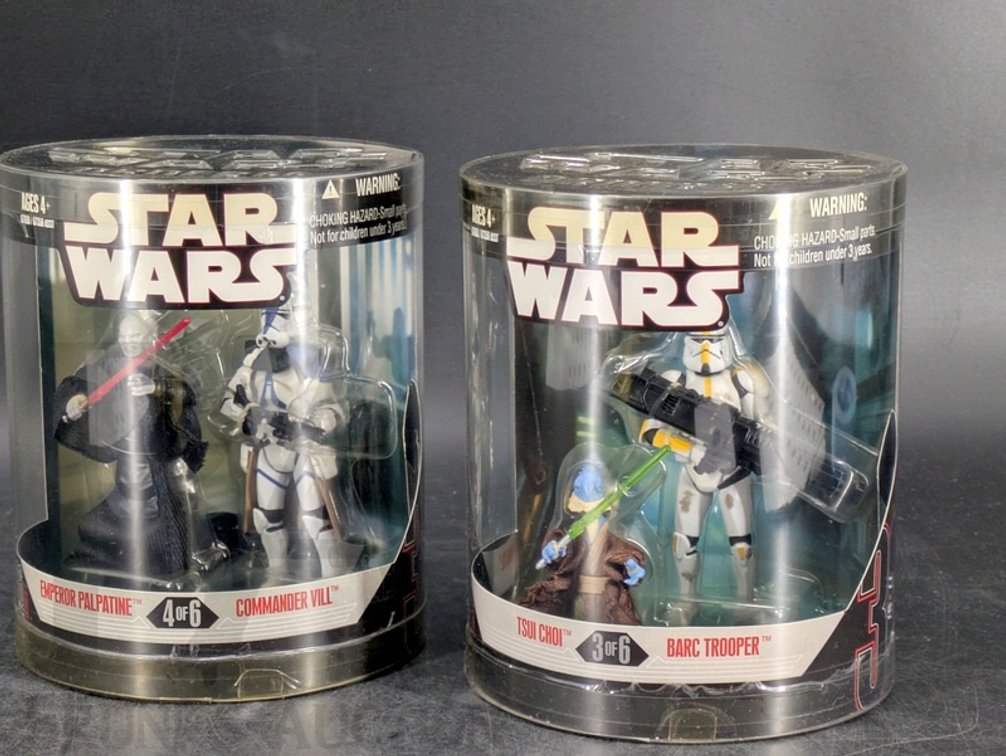 (2) 2007 Star Wars Order 66 Sets Hasbro Tsui Choi/BARC Trooper & Palpatine/VII