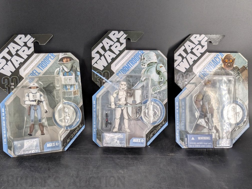 (3) 2007 Star Wars McQuarrie Signature Series Rebel Trooper, Stormtrooper, Chewbacca Figures