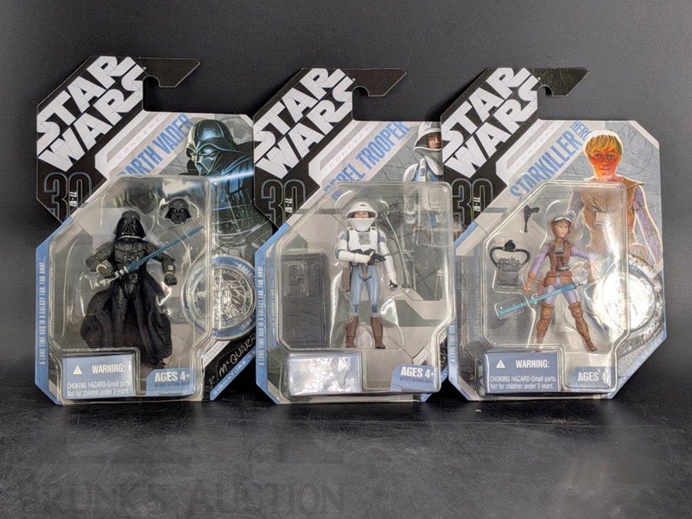 (3) 2007 Star Wars 30th Anniv Concept Figures Darth Vader Starkiller Rebel Trooper Set