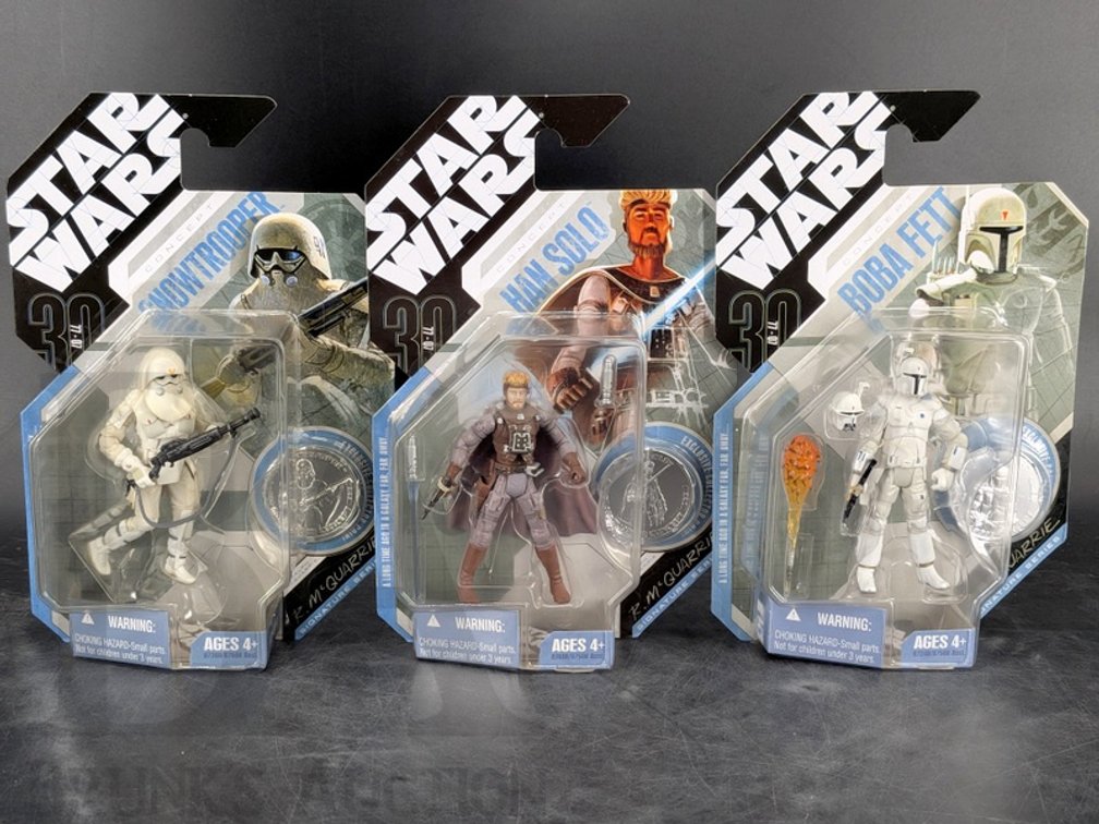 (3) 2007 Star Wars Concept Series Action Figures: Snowtrooper, Han Solo, Boba Fett, Hasbro