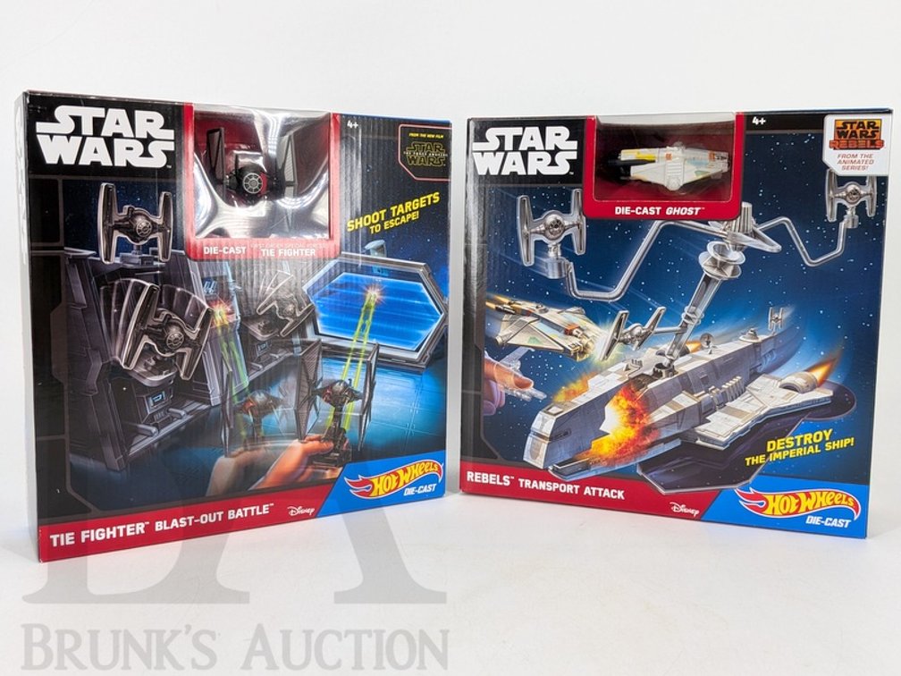(2) 2014-2015 Star Wars Hot Wheels Die-Cast Playsets TIE Fighter Blast-Out & Rebels Transport
