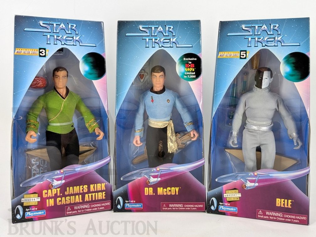 (3) 1998 Playmates Star Trek Warp Factor Figures: Kirk, Dr. McCoy, Bele in Boxes