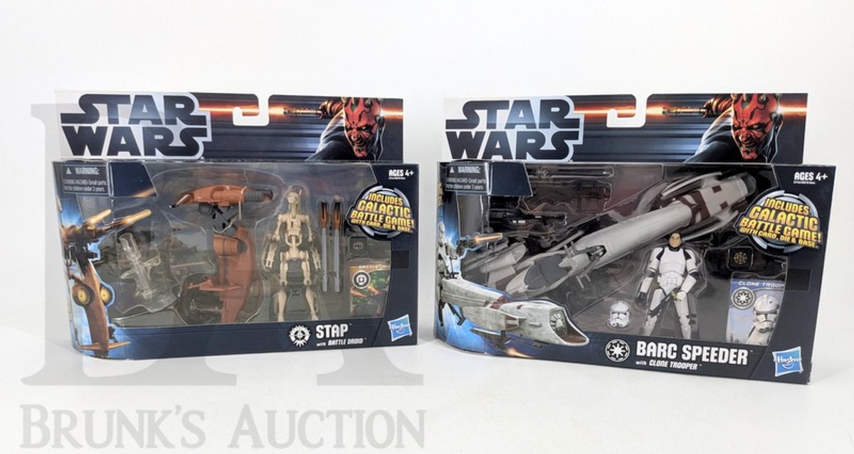(2) 2012 Hasbro Star Wars Galactic Battle Game BARC Speeder & STAP Vehicle Sets