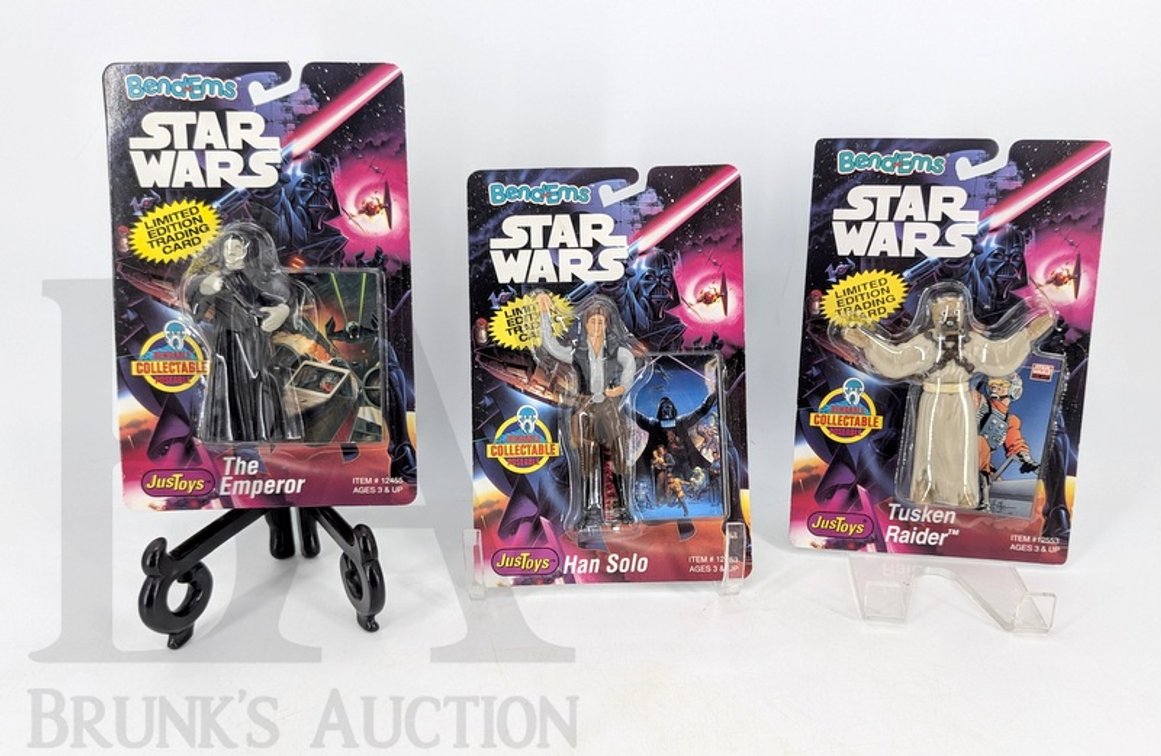 (3) 1993 Star Wars Bend-Ems Just Toys Action Figures Han Solo, Emperor, Tusken Raider