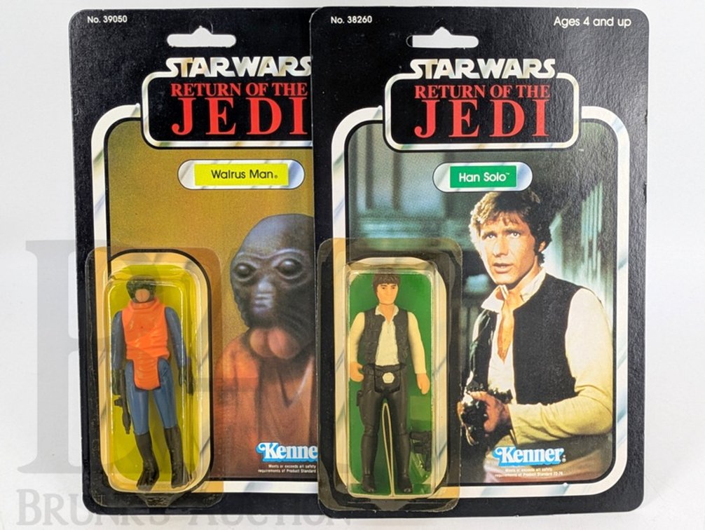 (2) 1983 Kenner Star Wars Return of the Jedi Figures: Walrus Man and Han Solo, Carded
