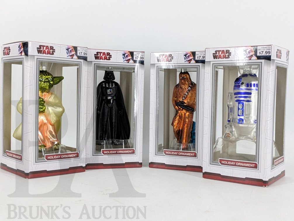 (4) 2009 Star Wars Holiday Ornaments Yoda Darth Vader Chewbacca R2-D2 in Boxes