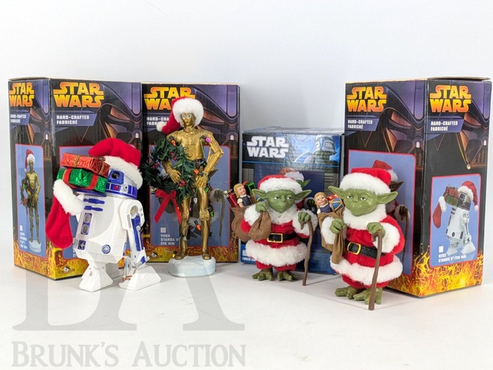 (4) 2005-2006 Kurt S. Adler Star Wars Santa Figurines With Boxes Yoda R2D2 C-3PO