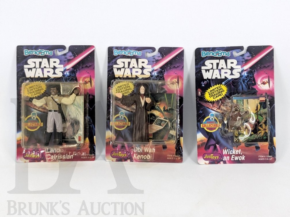 (3) 1993-1994 Just Toys Star Wars Bend-Ems Figures Carded Wicket Obi Wan Lando