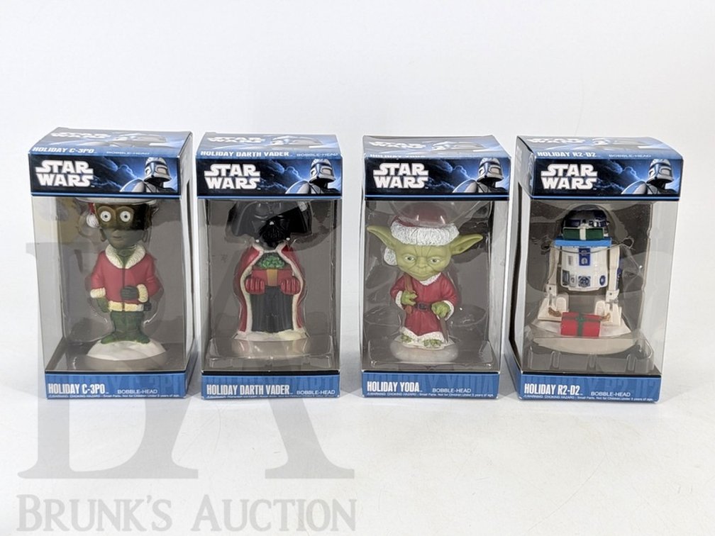 (4) 2010 Star Wars Holiday Funko Bobble-Heads C-3PO, Darth Vader, Yoda, R2-D2 in Box