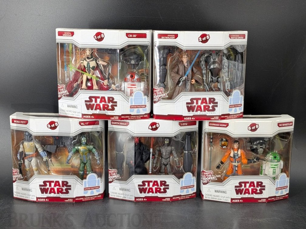 (5) 2009 Star Wars Legacy Collection Droid Factory Figures Complete Set in Box