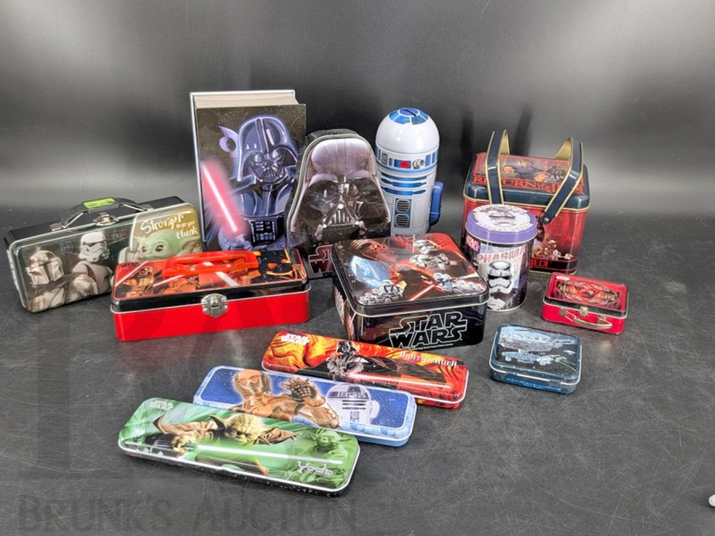 (14) Star Wars Tin Boxes and Banks, Chein 1983 Return of the Jedi, Mandalorian Baby Yoda