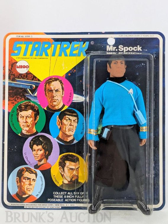 1974 Mego Star Trek Mr. Spock 8" Action Figure on Card, Hong Kong