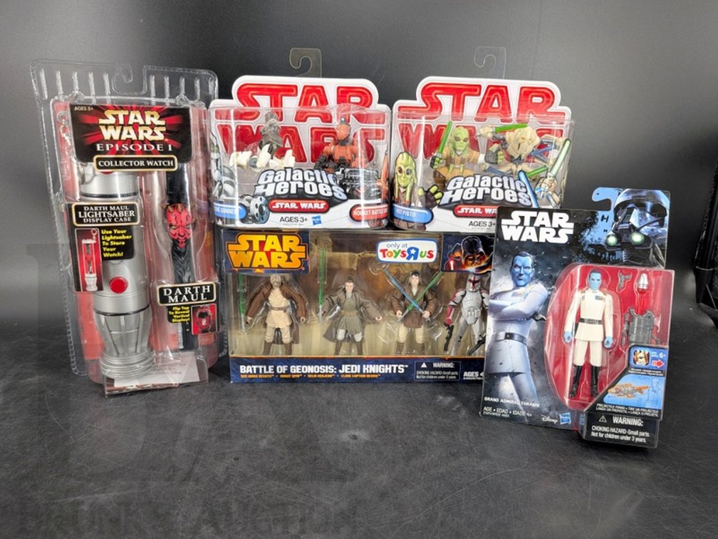 (5) Star Wars Toys: 1999 Darth Maul Watch, Galactic Heroes, Jedi Knights & Thrawn Figure