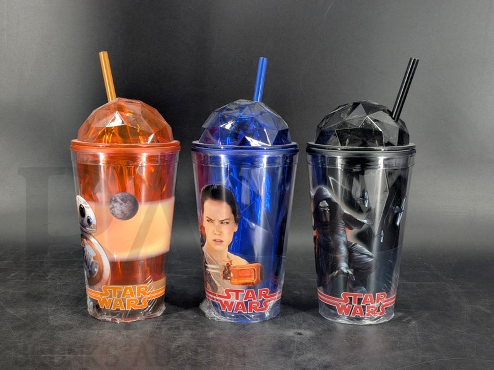 (3) Star Wars 16oz BPA-Free Tumblers With Straws Featuring BB-8, Rey, and Kylo Ren